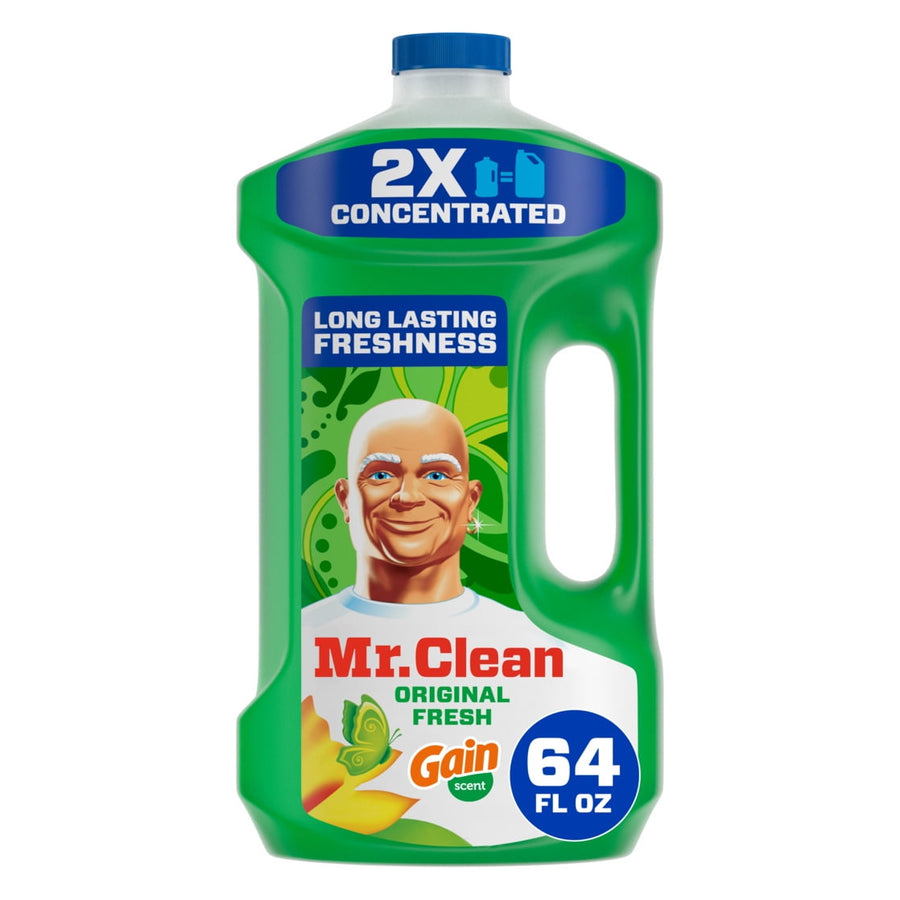 Green Mr. Clean Original Fresh concentrated multi-surface cleaner bottle with Gain scent and blue cap on white background.