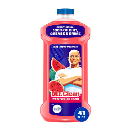 Front-facing Mr. Clean all-purpose cleaner bottle in pink liquid with watermelon label and blue cap.