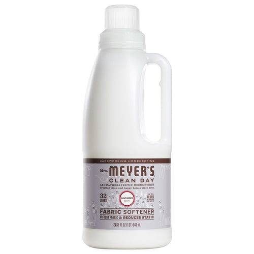 White Mrs. Meyer's Clean Day bottle with lavender fabric softener label and built-in handle