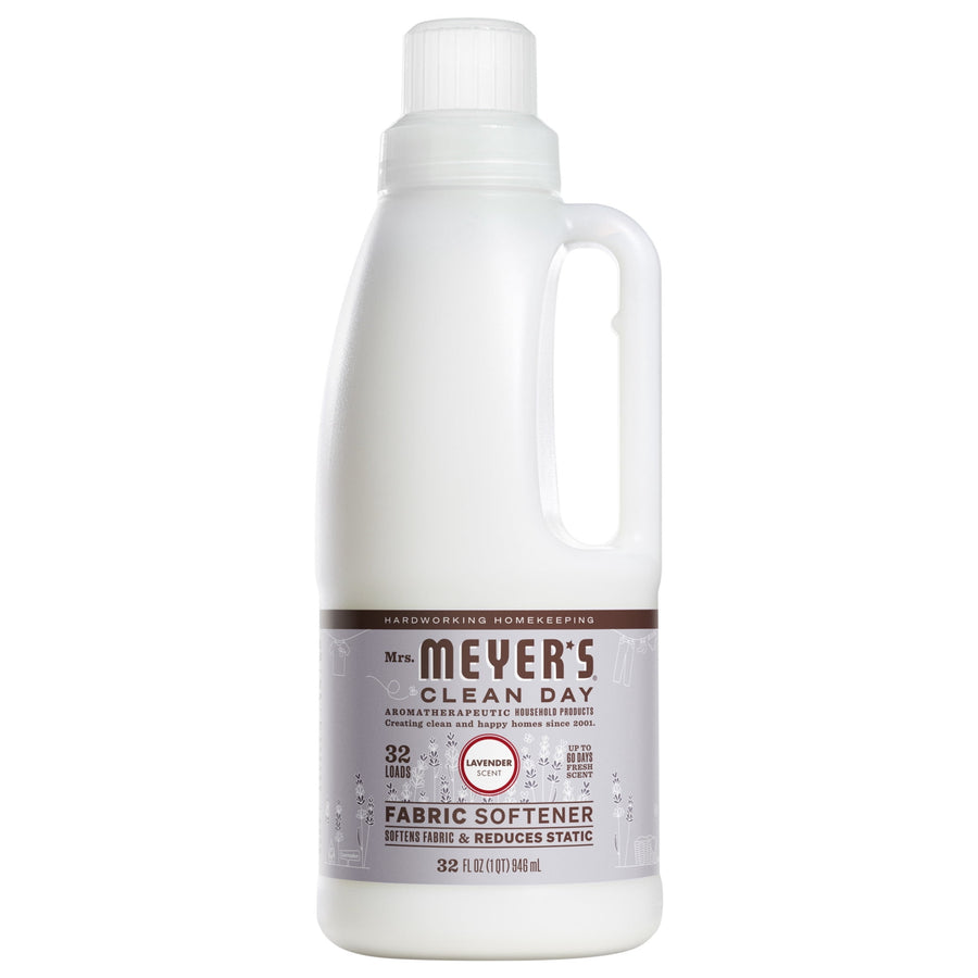 White Mrs. Meyer's Clean Day bottle with lavender fabric softener label and built-in handle
