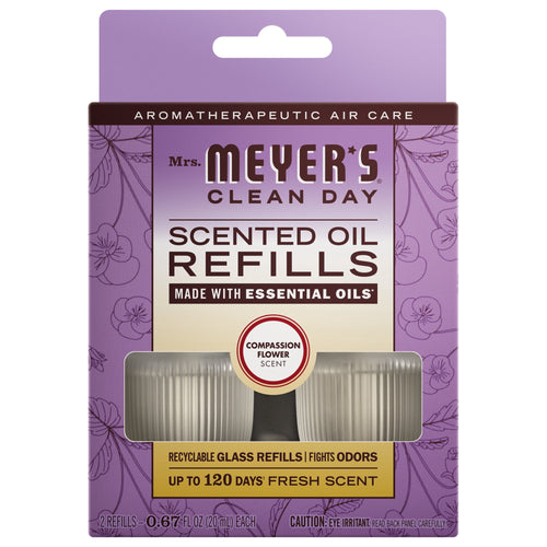 Mrs. Meyer’s Clean Day Compassion Flower scented oil refill twin-pack in purple packaging with visible refill bottles