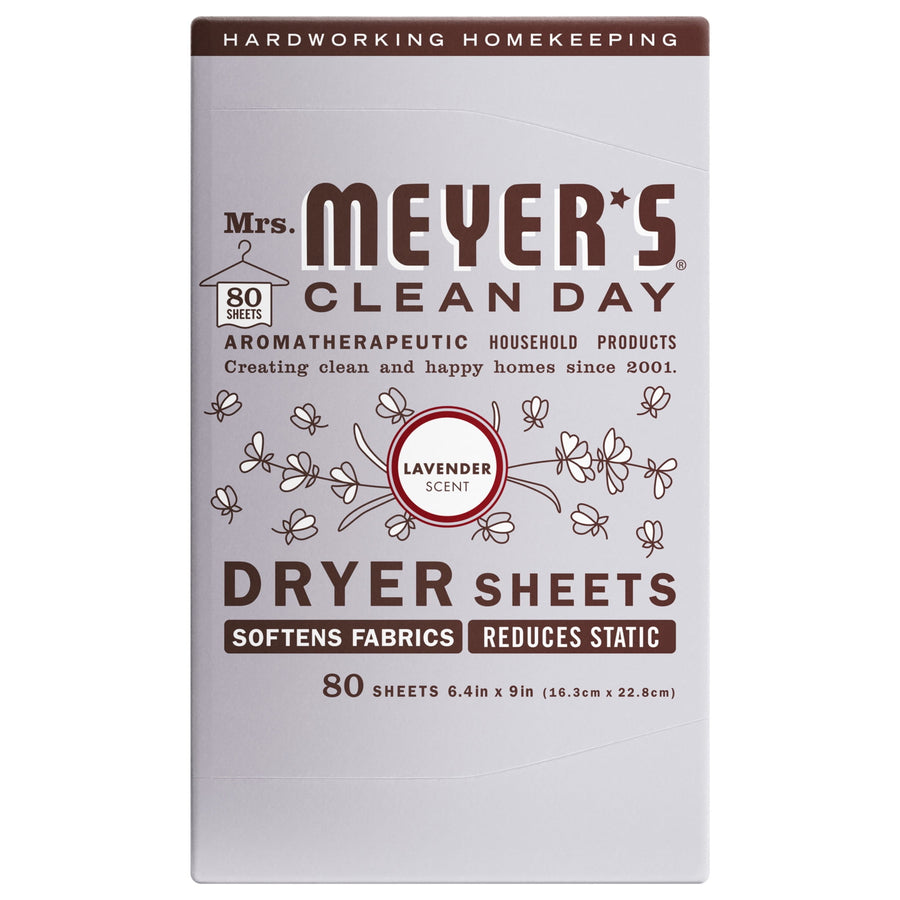 Front-facing box of Mrs. Meyer's Clean Day Lavender dryer sheets with branding and product claims visible
