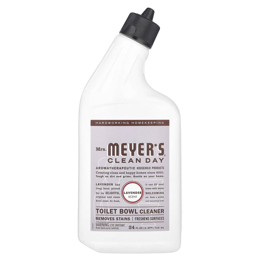 White angled bottle of Mrs. Meyer's Clean Day toilet bowl cleaner with lavender-scent label