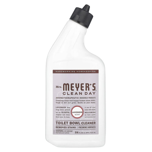 White angled bottle of Mrs. Meyer's Clean Day toilet bowl cleaner with lavender-scent label