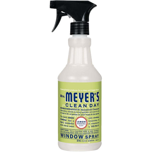 Front-facing bottle of Mrs. Meyer's Clean Day Lemon Verbena glass cleaner with spray nozzle on white background