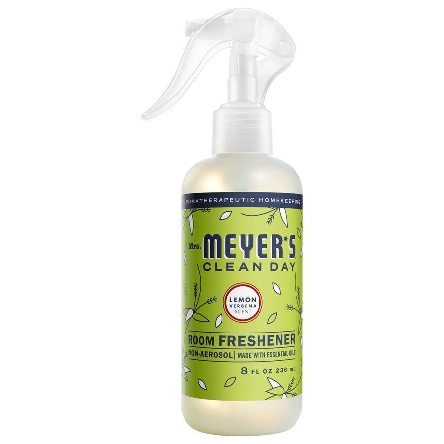 Mrs. Meyer’s Lemon Verbena room freshener in a clear 8 fl oz spray bottle with green label.