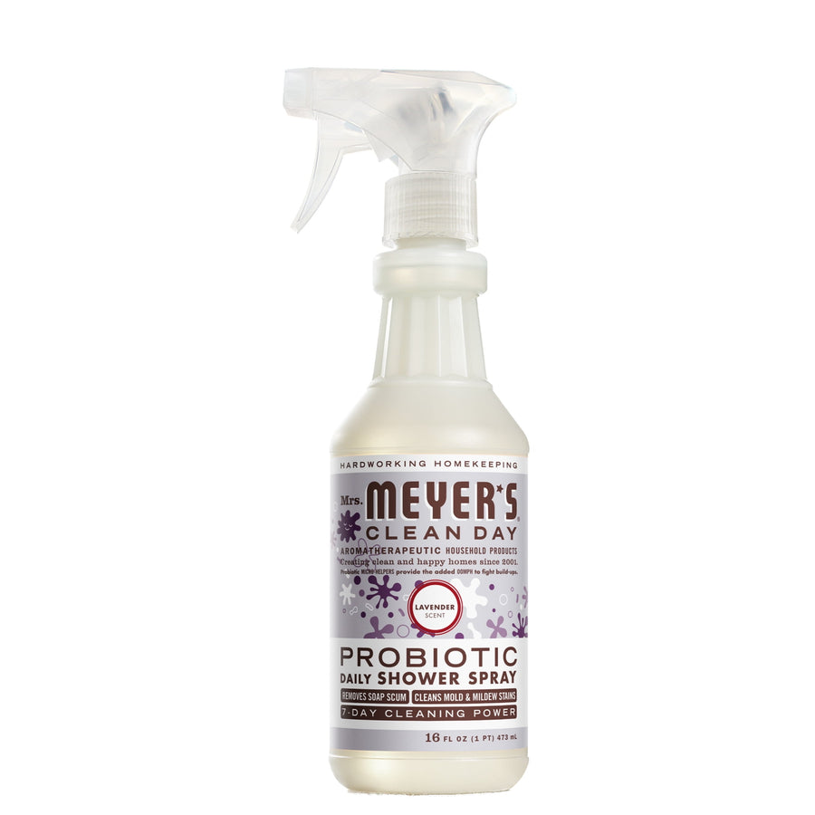 Front-facing Mrs. Meyer’s Clean Day probiotic daily shower spray bottle with lavender label and trigger sprayer