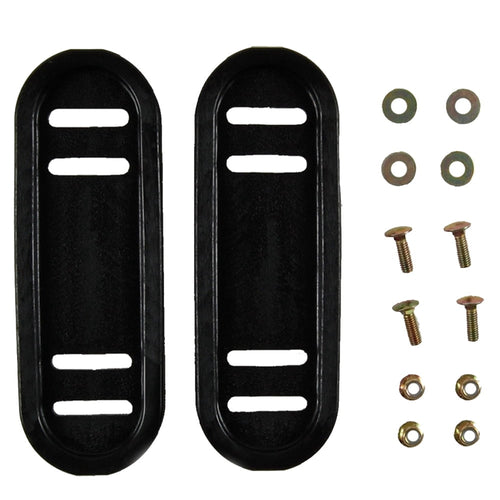 Two black elongated snowthrower slide shoes with slotted mounting holes plus matching bolts, nuts and washers on white background.