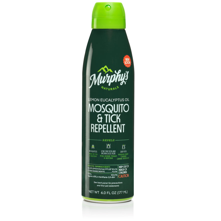 Tall green aerosol can of Murphy's Naturals Lemon Eucalyptus Mosquito & Tick Repellent on white background