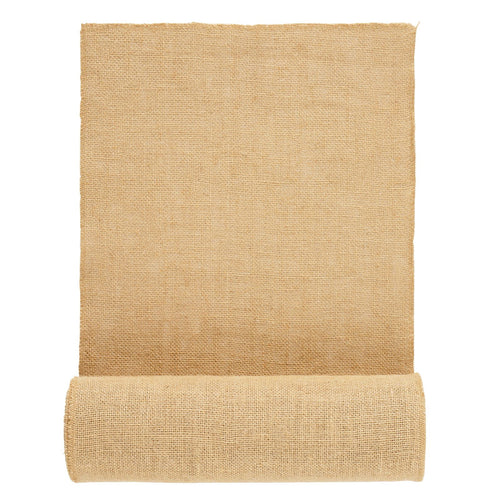 Rolled natural burlap fabric standing upright with loose woven texture on white