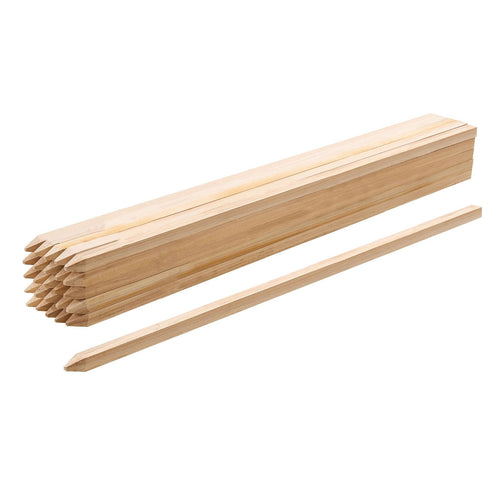 Stack of pointed natural fir wood garden stakes on white background, one stake shown separately.