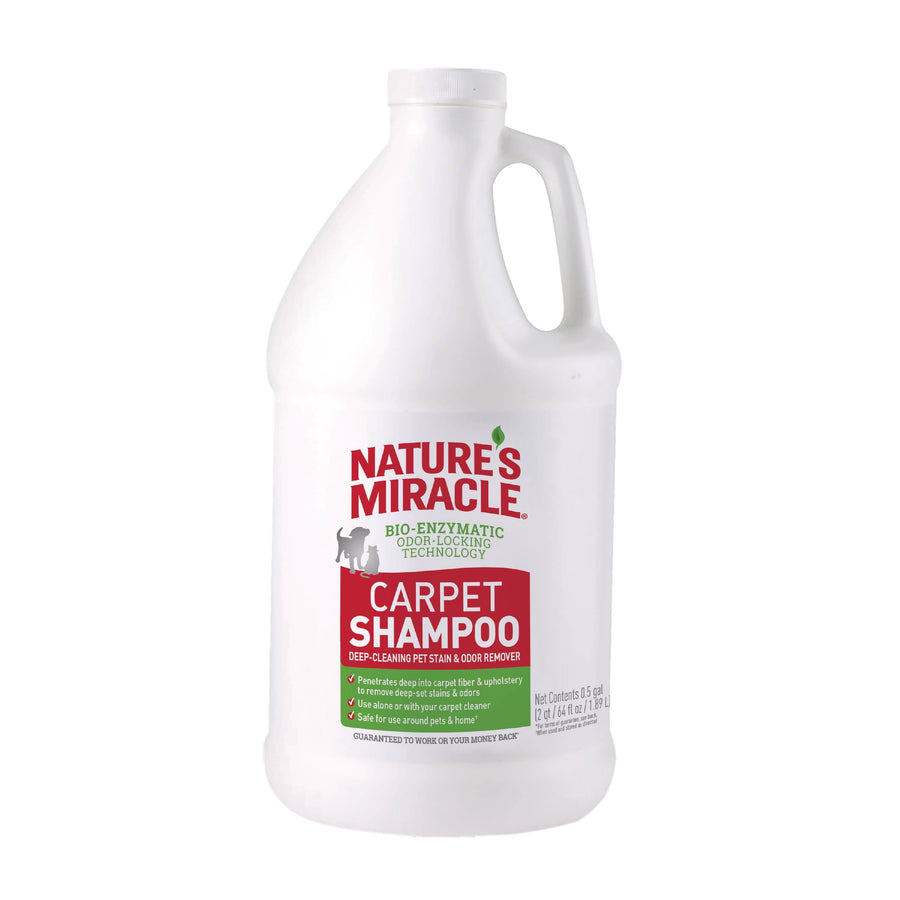 White gallon jug of Nature’s Miracle carpet shampoo with red label on a white background