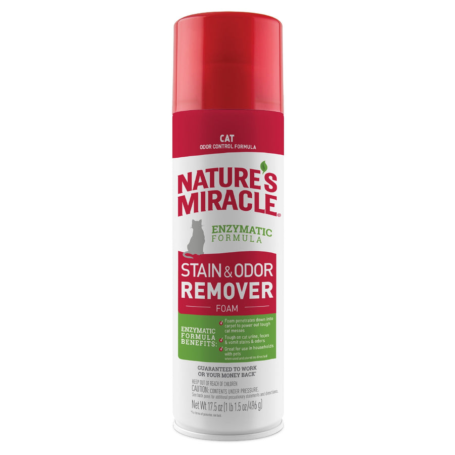 Tall aerosol can of Nature's Miracle enzymatic stain & odor remover foam with red cap and white label