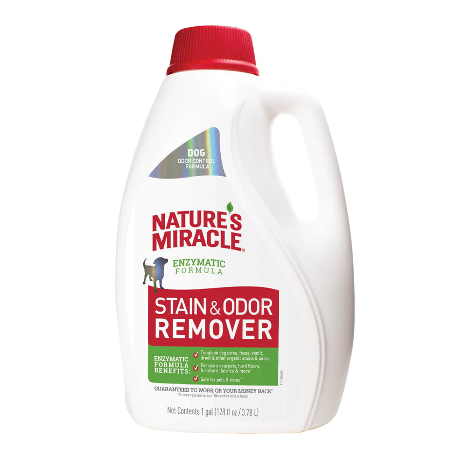 White Nature's Miracle gallon jug with red cap labeled Stain & Odor Remover on a white background