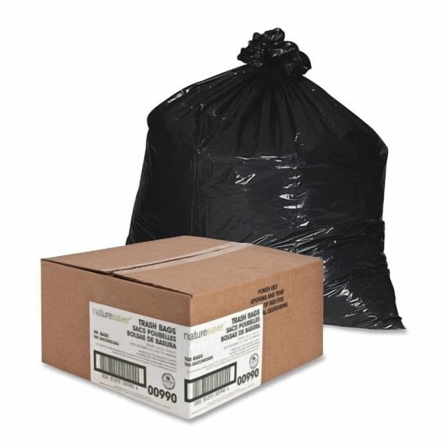 Large tied black trash bag displayed behind a labeled cardboard carton for can liners on a white background.