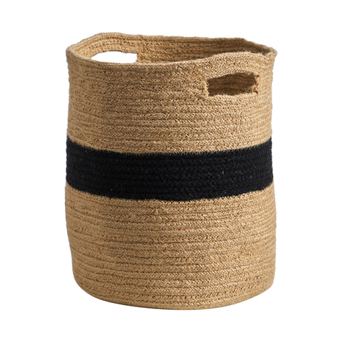 Nearly Natural beige woven round burlap and cotton plant basket with a wide black band and cutout handles