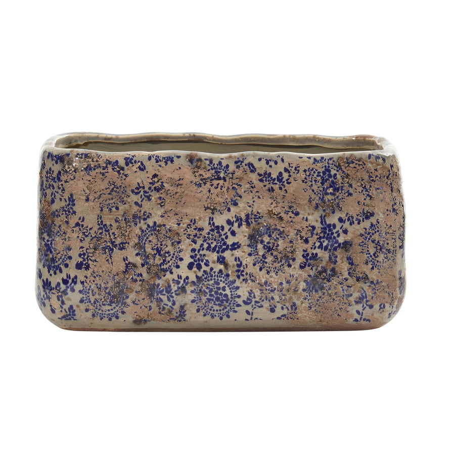 Rectangular blue-and-tan Tuscan ceramic planter with speckled floral pattern on white background
