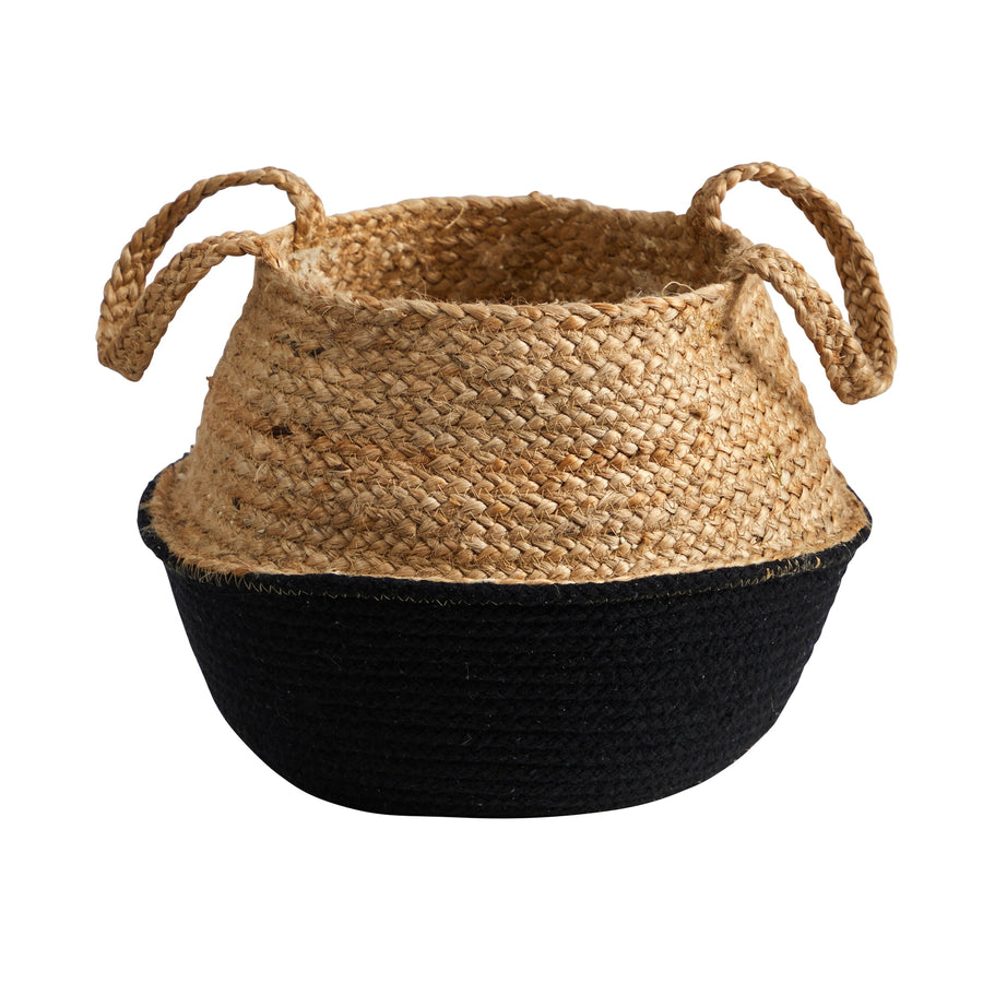 Nearly Natural woven jute and black cotton basket with two loop handles, natural upper and black base