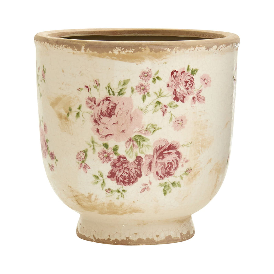 Nearly Natural Tuscan-style ceramic planter with pink rose floral decal on cream glaze
