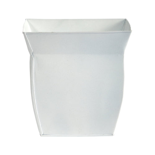 White fluted square metal planter with slightly flared top, photographed on a white background.