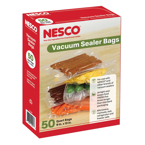Boxed NESCO vacuum sealer bags packaging showing stacked sealed bags of food and product branding