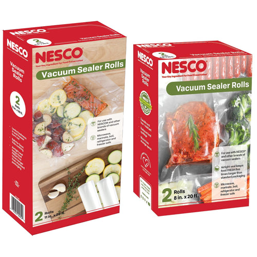 Two Nesco vacuum sealer roll boxes shown side-by-side with packaged food visuals and product branding