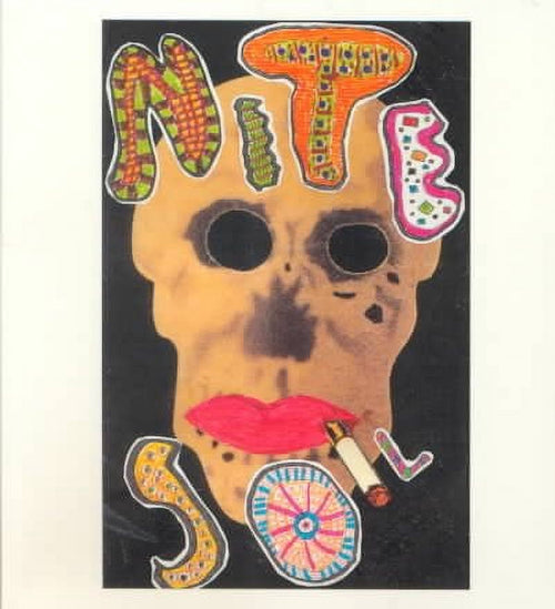 Collage-style artwork of a tan skull with hollow eyes on a black background, bright red lips holding a cigarette and colorful patterned letters spelling NITE SOIL.