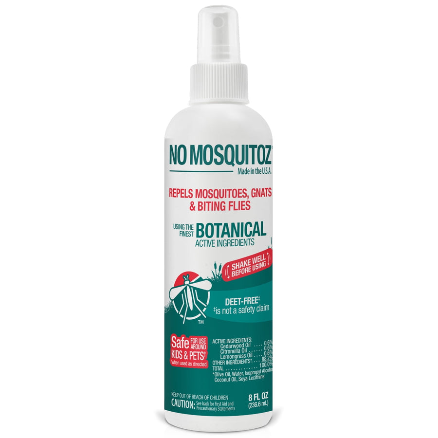 White spray bottle of No Mosquitoz botanical insect repellent with teal and red label and clear spray cap on white background