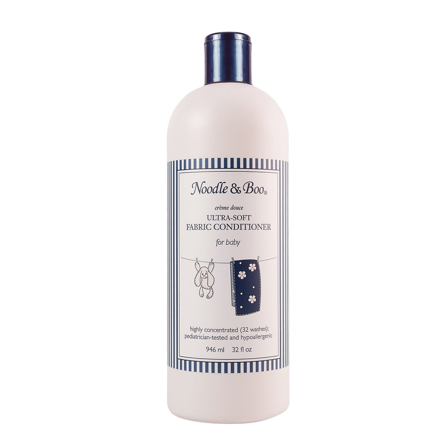 Tall Noodle & Boo Ultra-Soft Fabric Conditioner bottle with blue striped label on white background