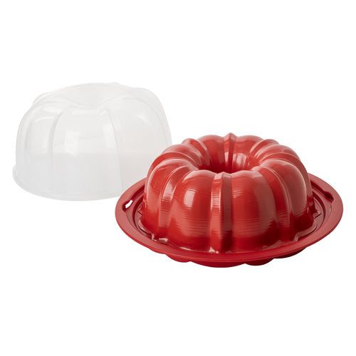 Red Nordic Ware style bundt pan set shown with a clear plastic cake keeper lid against a white background.