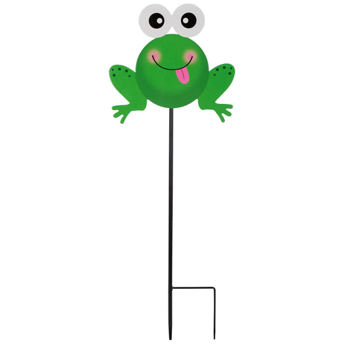 Northlight green metal frog garden stake with smiling face and black metal stake on white