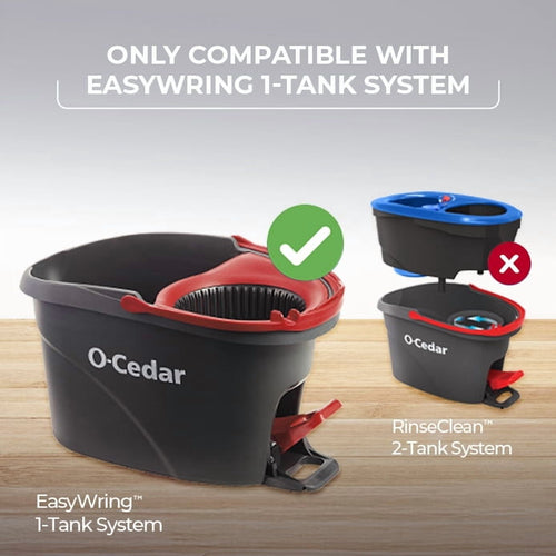 O-Cedar EasyWring mop bucket comparison graphic showing 1-tank system with check and 2-tank system with X