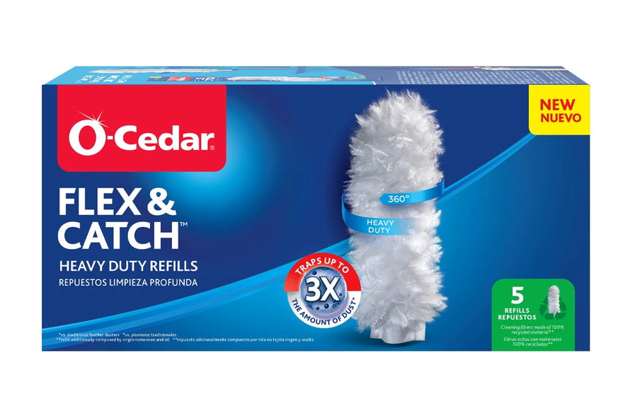 O-Cedar Flex & Catch product box showing heavy duty refill mop head and branding
