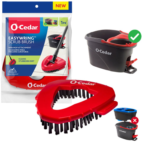 Red O-Cedar scrub brush attachment displayed with packaging and an EasyWring bucket insert on white background.
