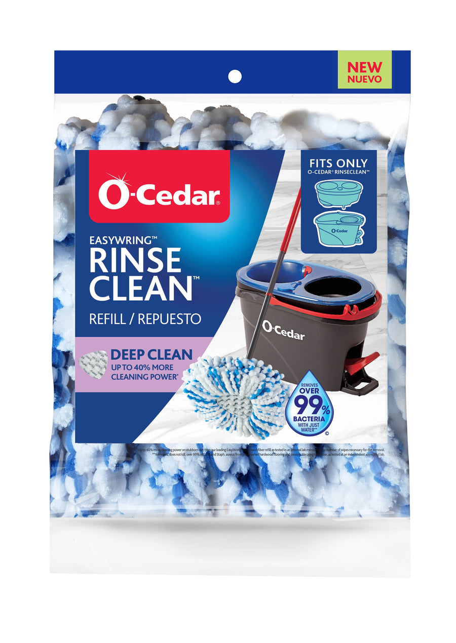 Clear retail bag showing O-Cedar Rinse Clean deep-clean replaceable mop head with blue-and-white strands and product panel