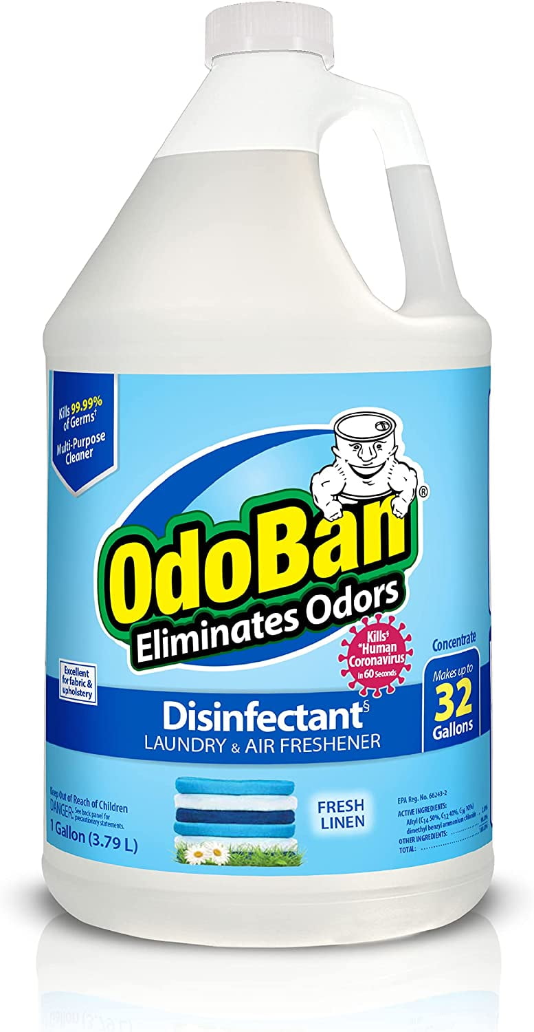 One-gallon OdoBan Disinfectant concentrate bottle in fresh linen scent with bright blue label and brand logo