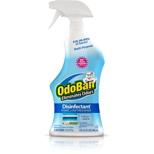 White trigger spray bottle of OdoBan Disinfectant Fabric & Air Freshener with blue label and fresh linen branding