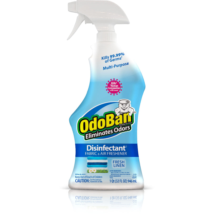 White trigger spray bottle of OdoBan Disinfectant Fabric & Air Freshener with blue label and fresh linen branding