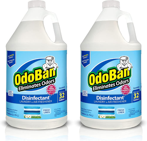 Two large OdoBan disinfectant concentrate jugs with Fresh Linen label shown side by side on white background.