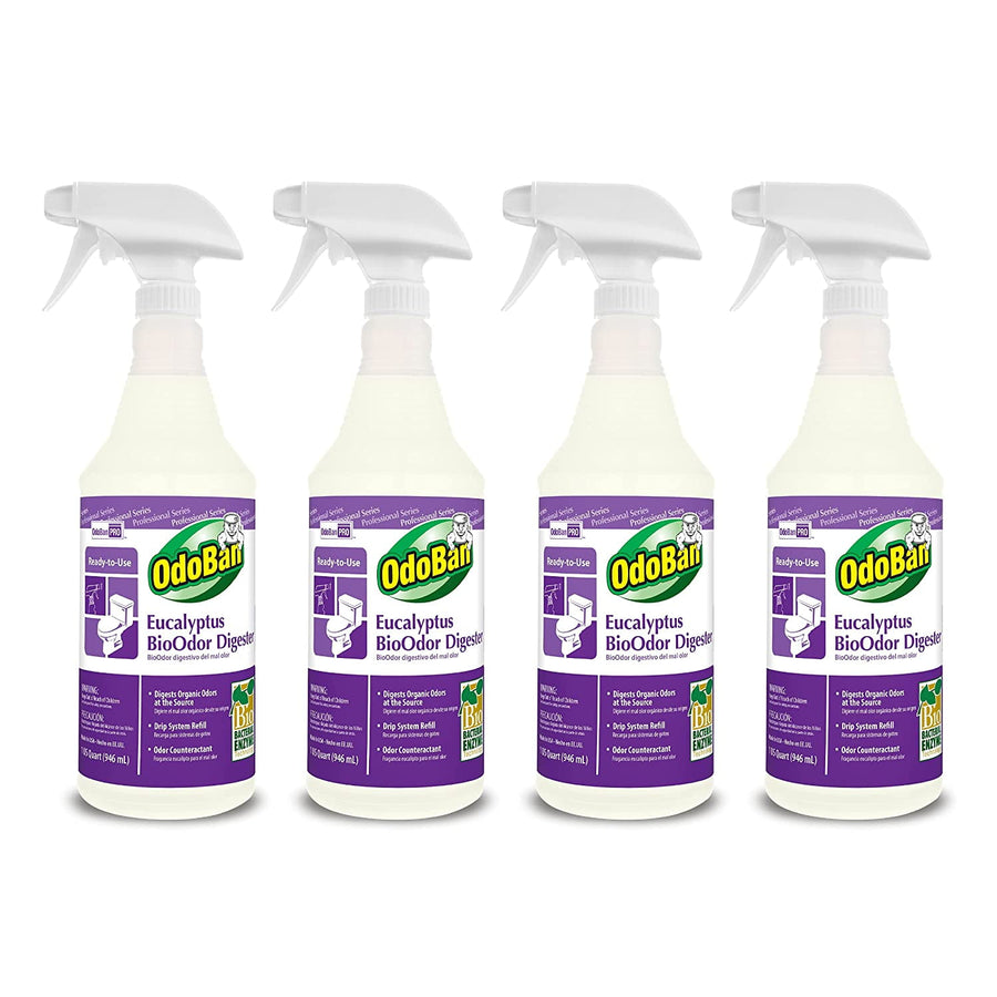 Four OdoBan Eucalyptus BioOdor Digester spray bottles arranged side-by-side on a white background.