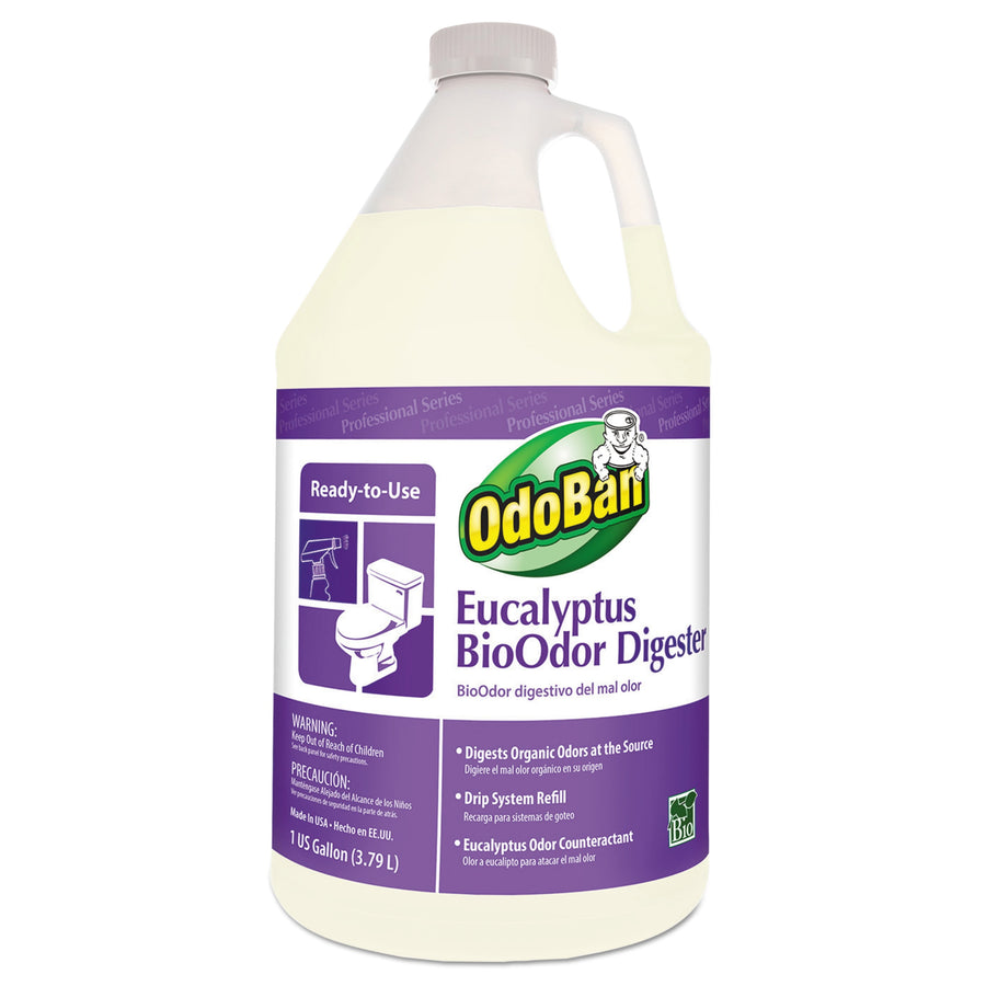 One-gallon jug of OdoBan Eucalyptus BioOdor Digester with purple label and Ready-to-Use callout