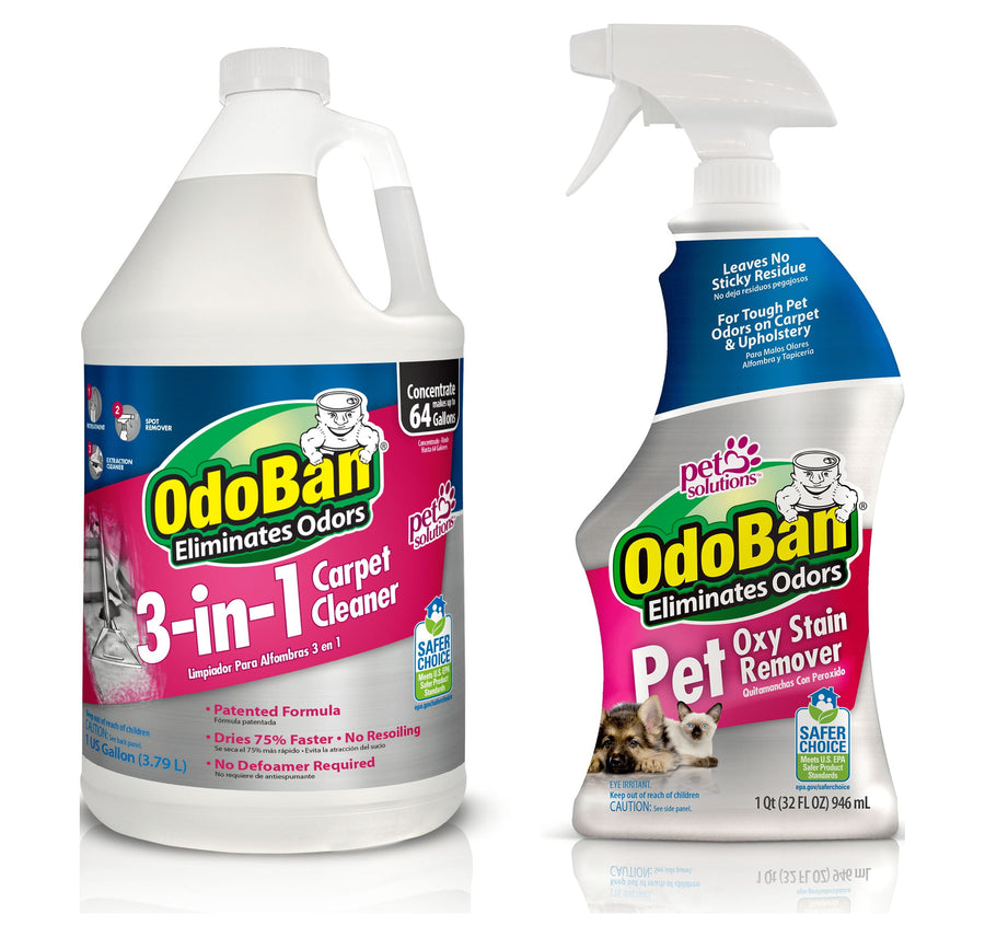 Two OdoBan pet carpet cleaning bottles side by side: one gallon jug and trigger spray bottle with pink and blue labels