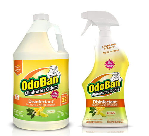 One-gallon OdoBan citrus disinfectant jug and 32 oz spray bottle side by side on white