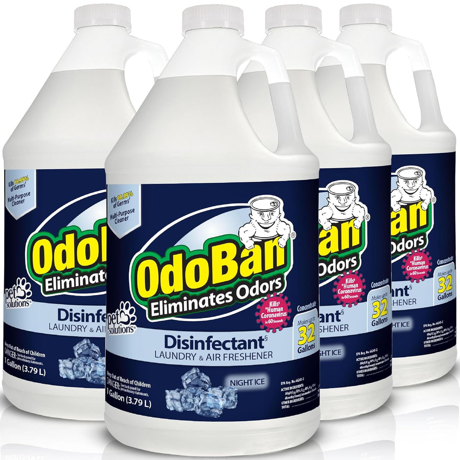 Four OdoBan disinfectant gallon jugs with Night Ice label, front-facing packaging grouped together.