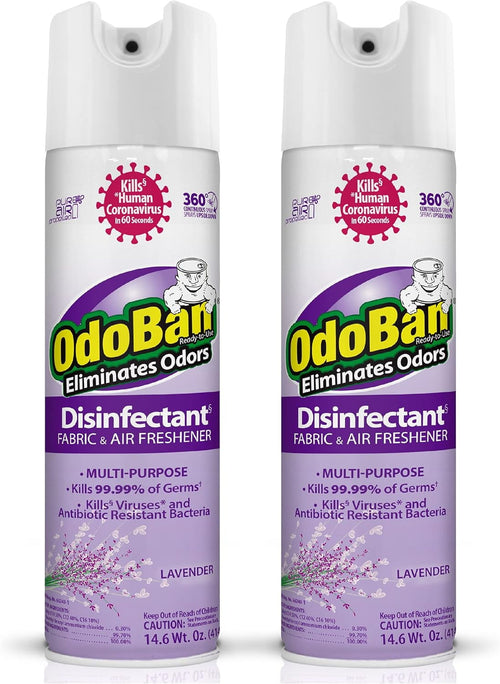 Two OdoBan lavender disinfectant fabric and air freshener aerosol cans side by side with purple labeling