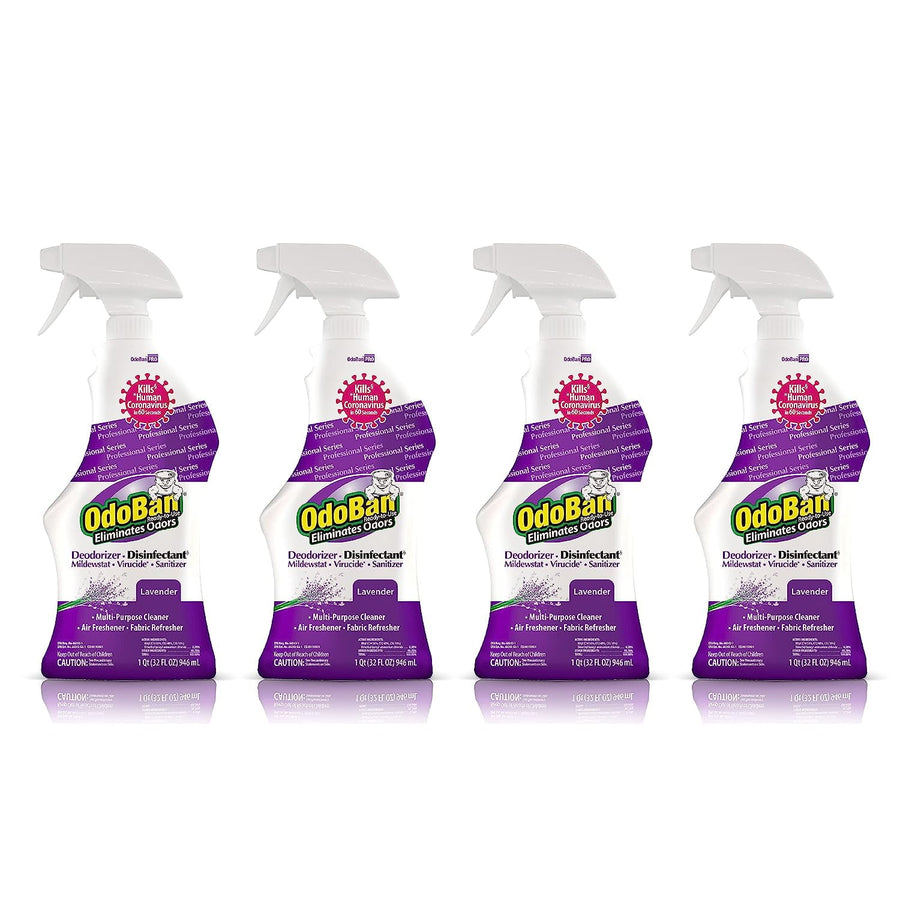 Four OdoBan lavender-scented ready-to-use spray bottles arranged in a row on a white background.