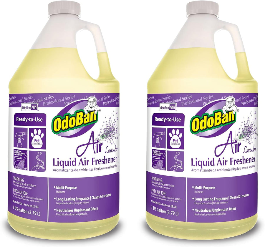 Two gallon jugs of OdoBan Ready-to-Use Lavender Liquid Air Freshener with purple label and yellow liquid.