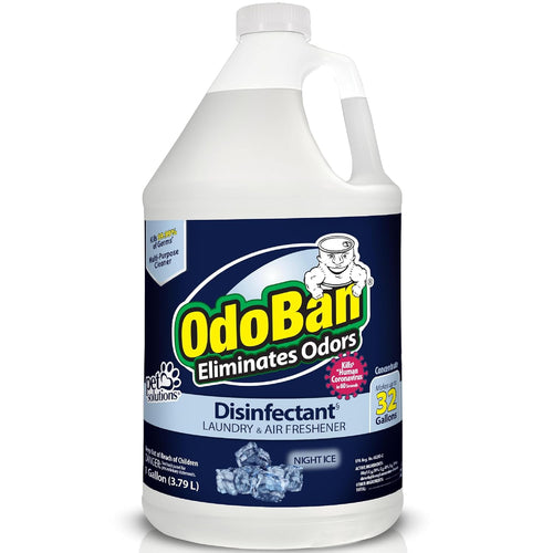 One-gallon OdoBan disinfectant bottle with Night Ice label showing ice cubes and brand logo on dark blue background