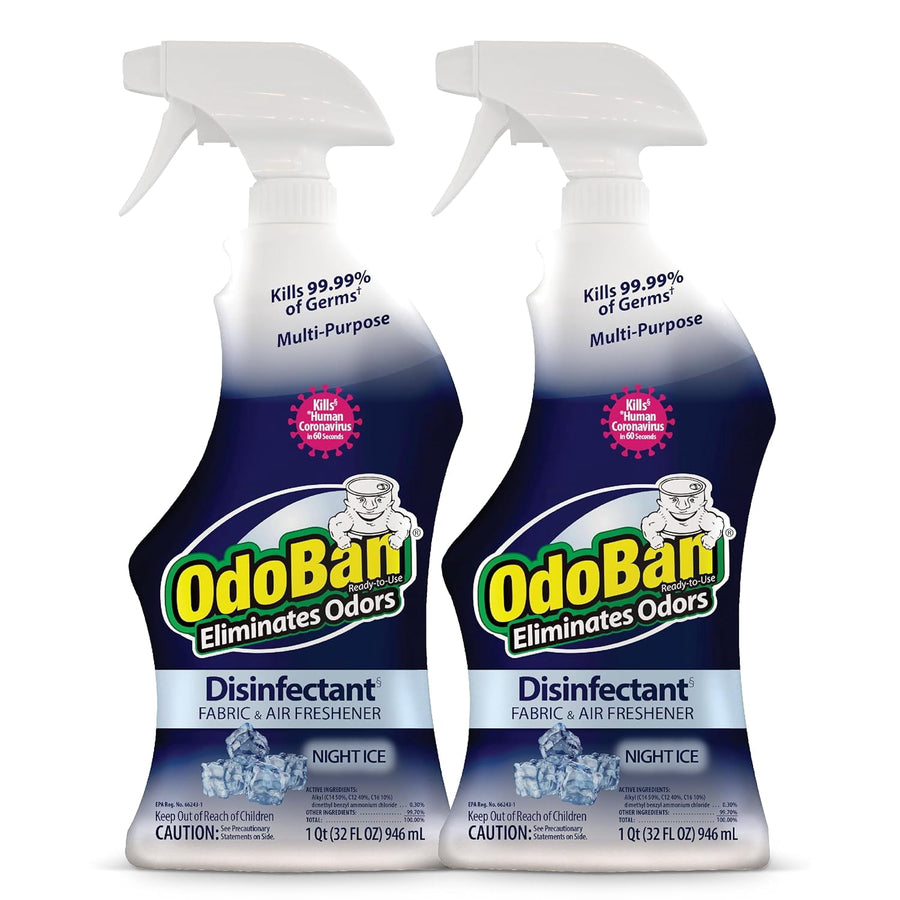 Two OdoBan Night Ice disinfectant spray bottles shown side by side on white background.