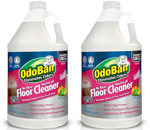 Two one-gallon style jugs of OdoBan No Rinse Neutral pH Floor Cleaner with pink label and citrus imagery